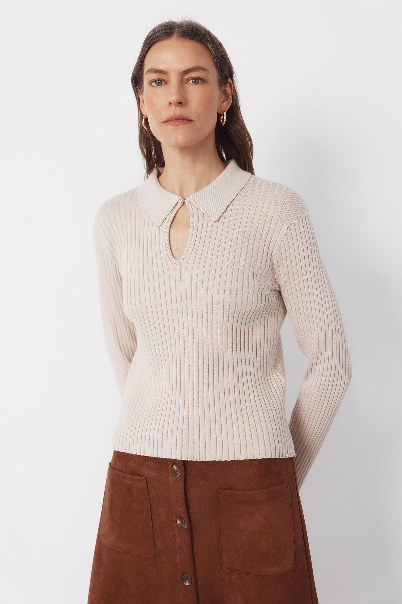 Cortefiel Jersey-knit keyhole polo shirt Beige