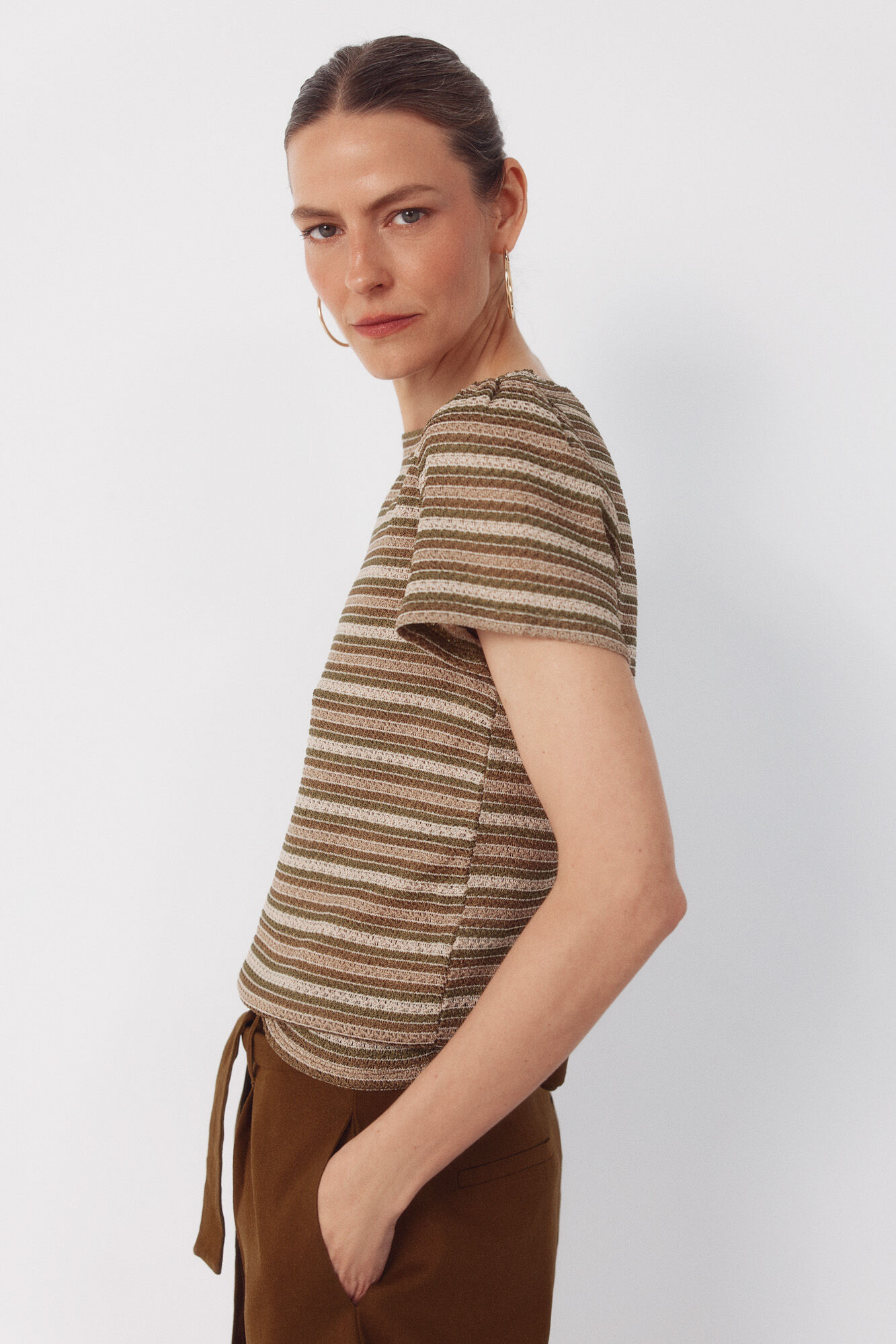 Cortefiel Striped structured top Kaki