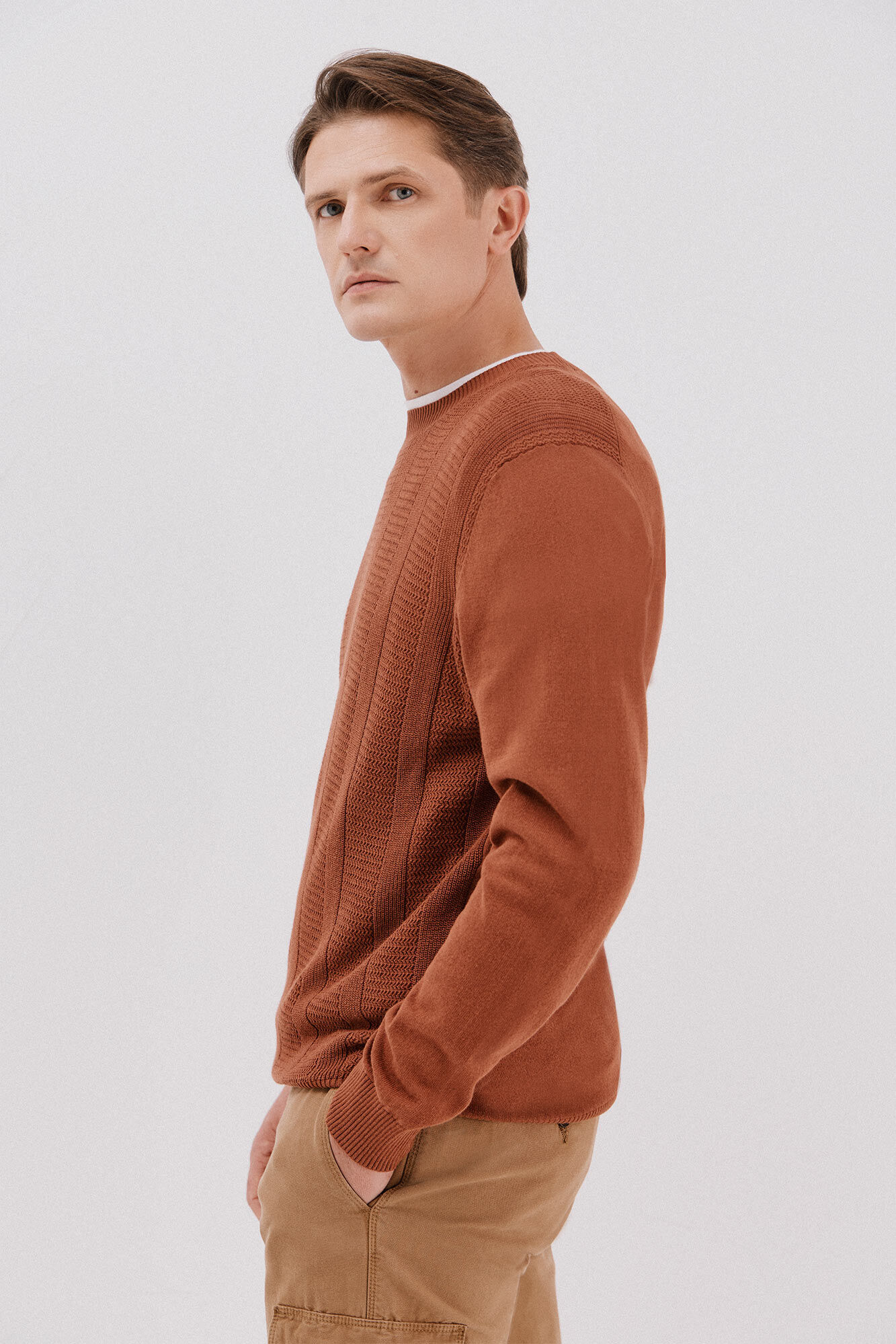 Cortefiel Fine braided cotton crew crew neck sweater Orange