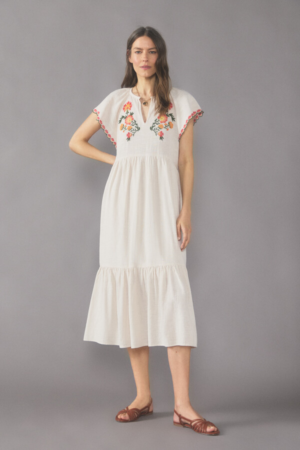 Cortefiel Embroidered cotton dress White
