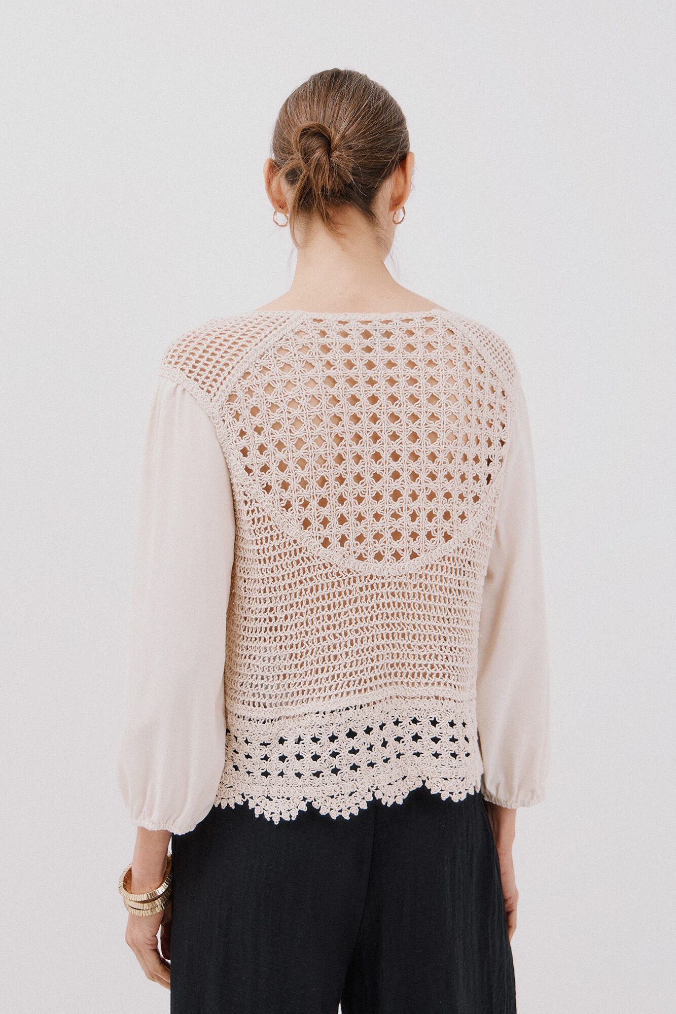Cortefiel Blusa combinada crochet Blanco
