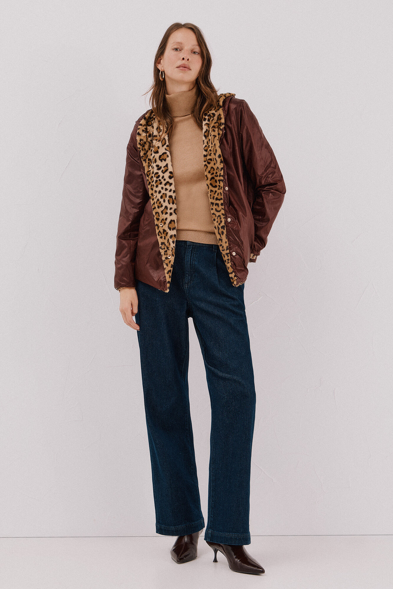 Cortefiel Short reversible faux fur jacket Dark brown