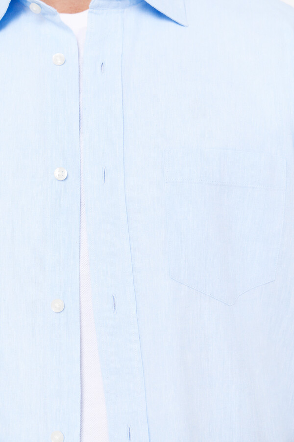 Cortefiel Plain short-sleeved linen and cotton shirt Blue