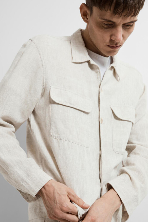 Cortefiel Regular-fit linen overshirt Grey