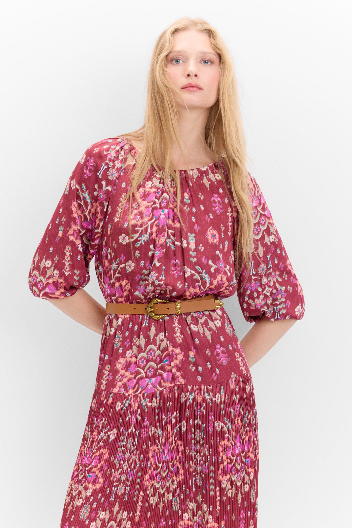 Cortefiel Pleated dress with slits Printed red