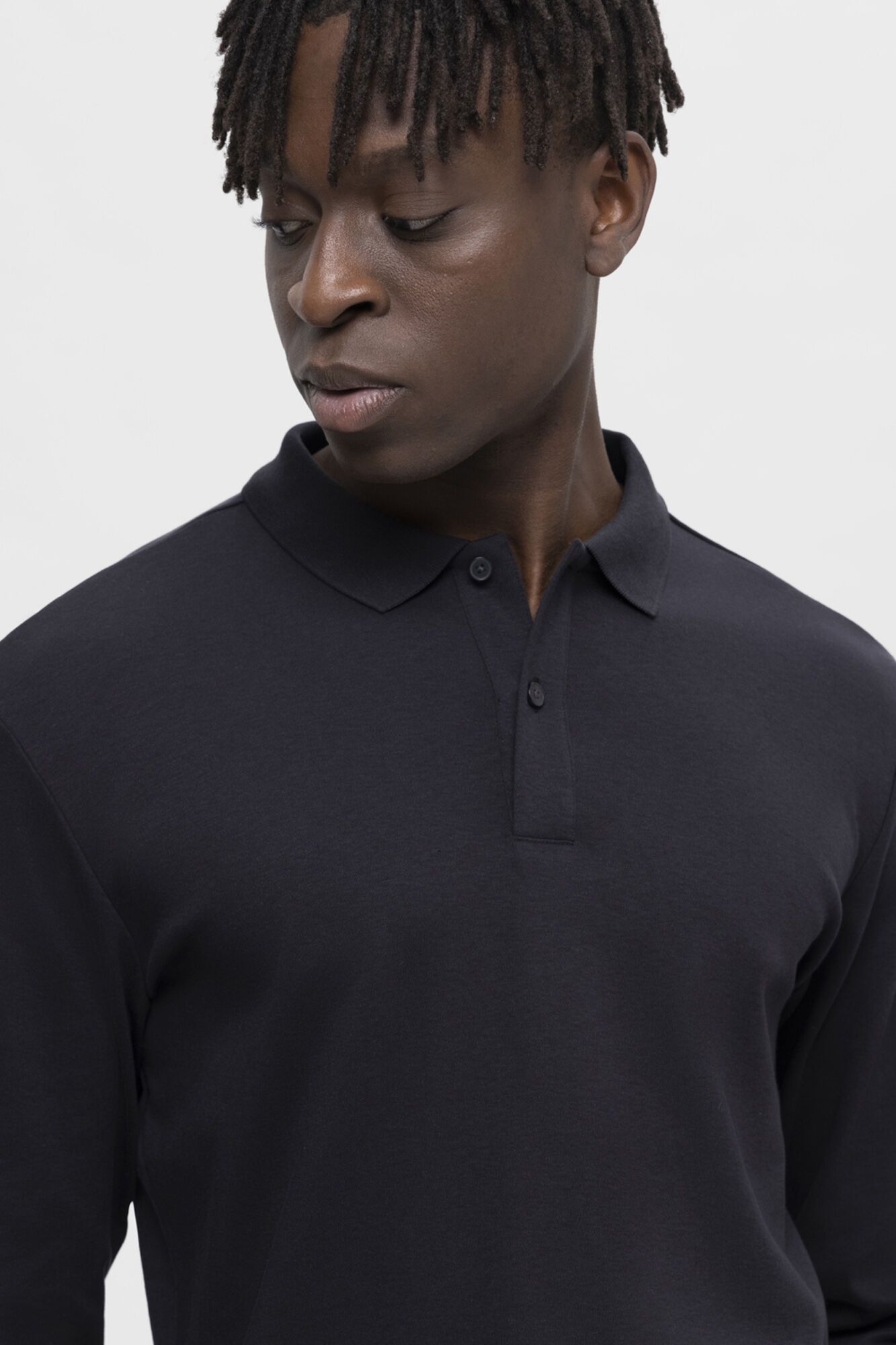 Selected Long-sleeved recycled cotton polo shirt Black