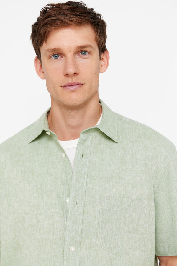 Cortefiel Plain short-sleeved linen and cotton shirt Dark green
