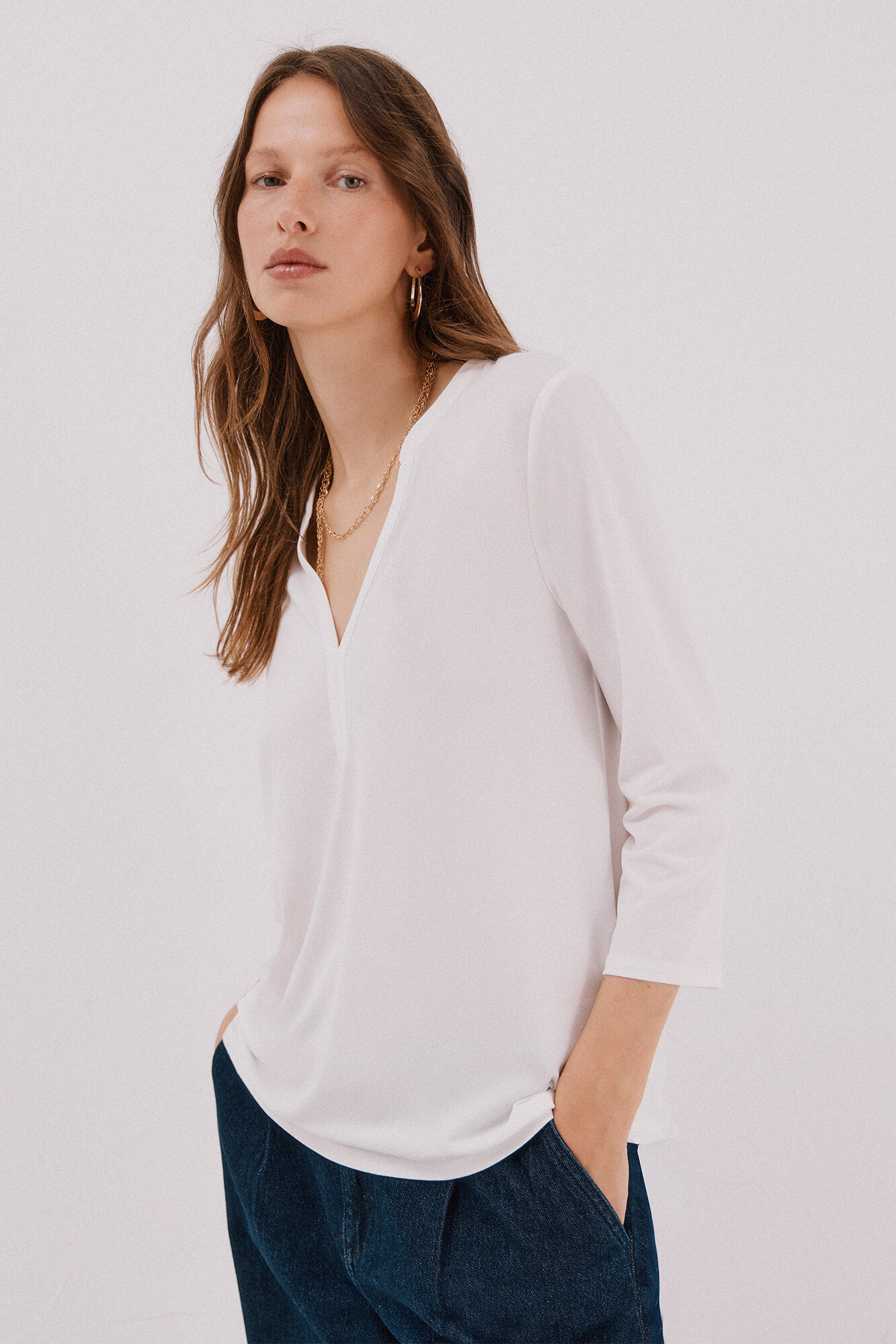Cortefiel Basic top with mandarin collar Ivory