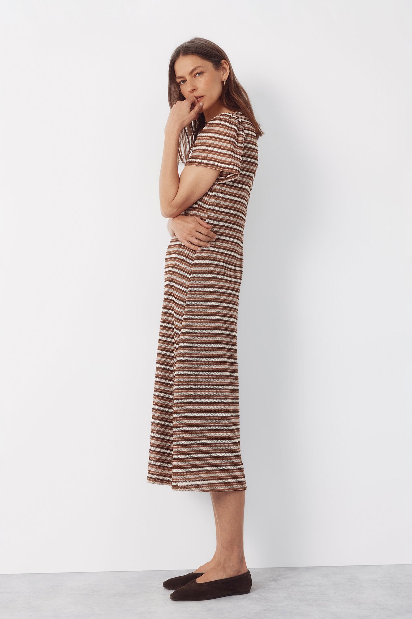 Cortefiel Striped structured dress Printed white