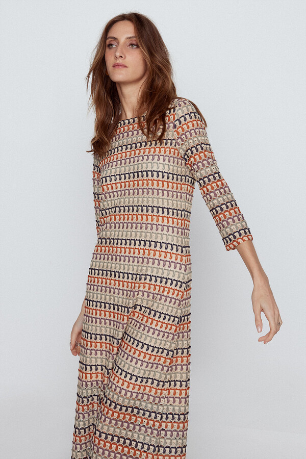 Cortefiel Jersey-knit crochet dress with long sleeves Multicolour
