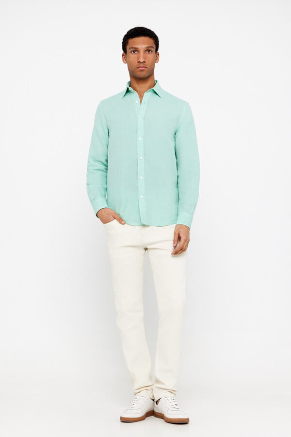 Cortefiel Plain linen/cotton shirt Green