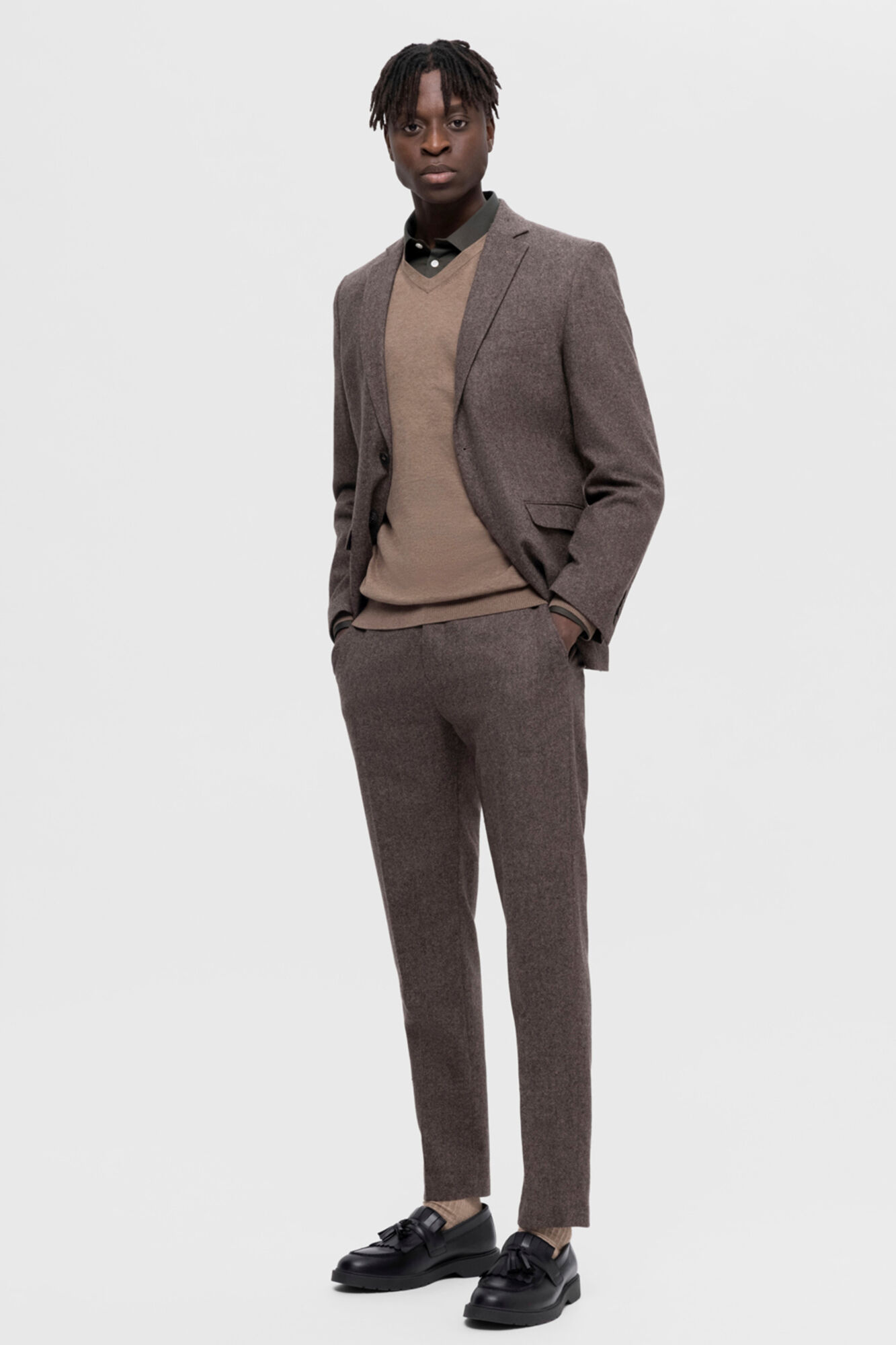 Selected Jersey con cuello de pico 100% algod&oacute;n Marr&oacute;n