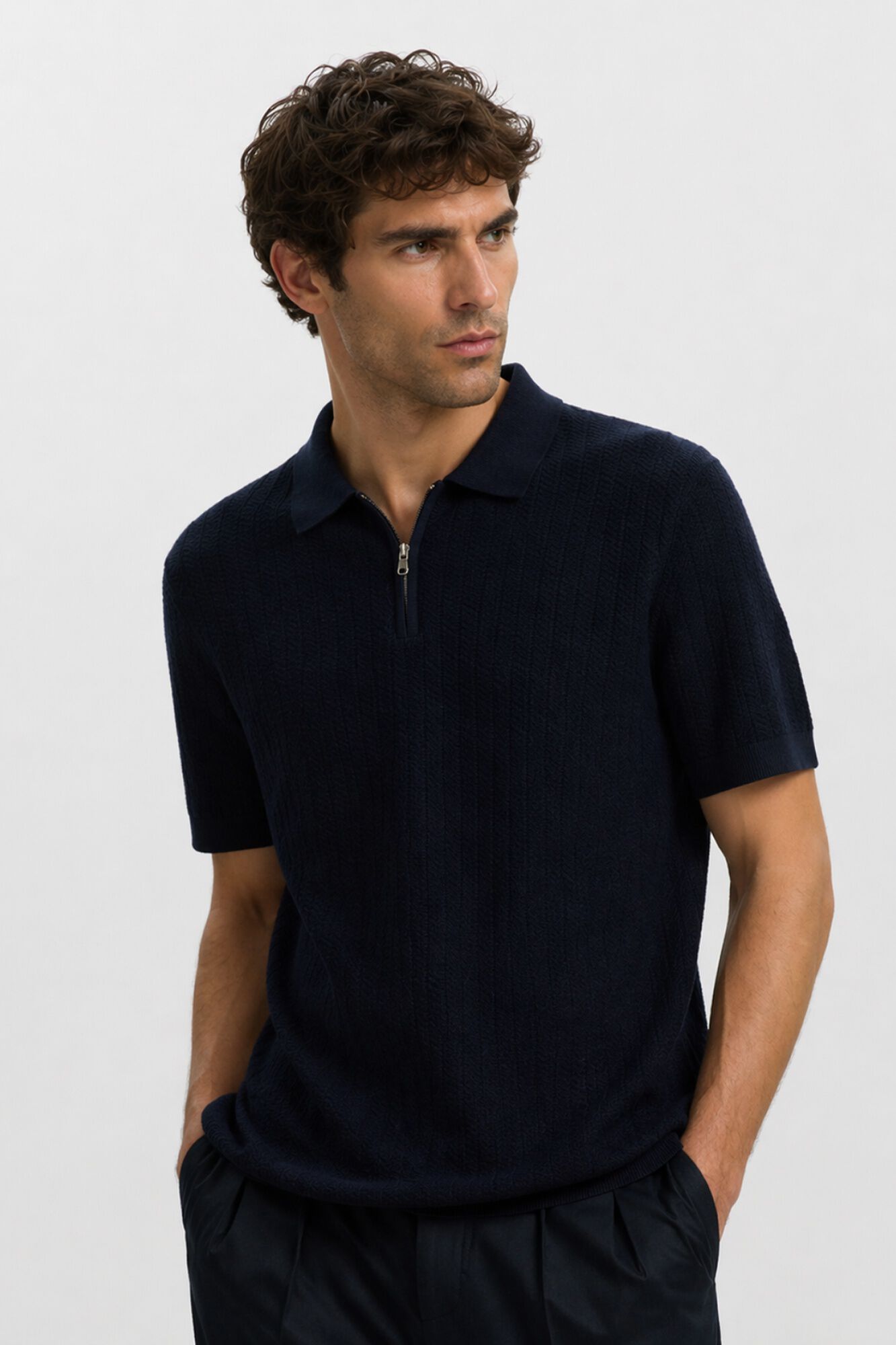 Selected Polo de malha com meio fecho-&eacute;clair Azul