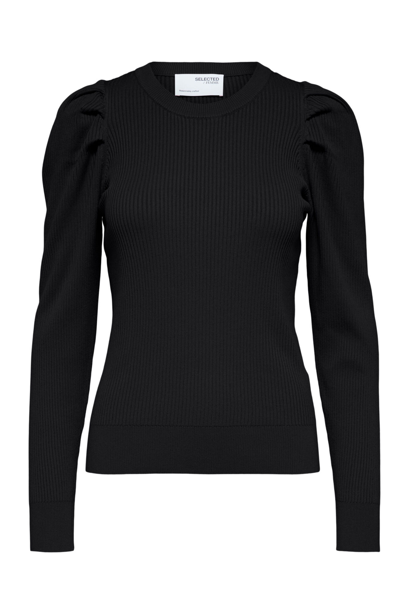 Selected Femme Camisola com nervuras com mangas abalonadas confecionada com Lenzing ECOVERO. Preto