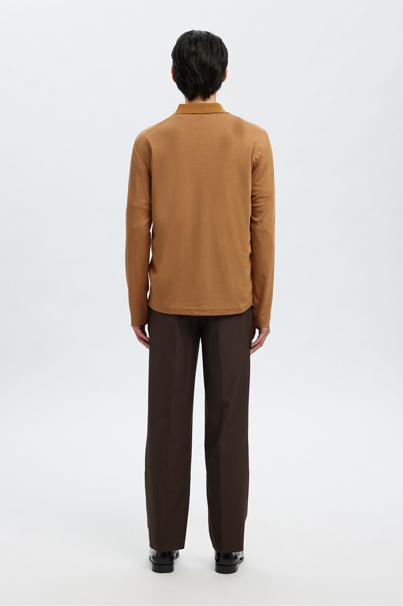 Selected long sleeve organic cotton polo shirt  Dark brown