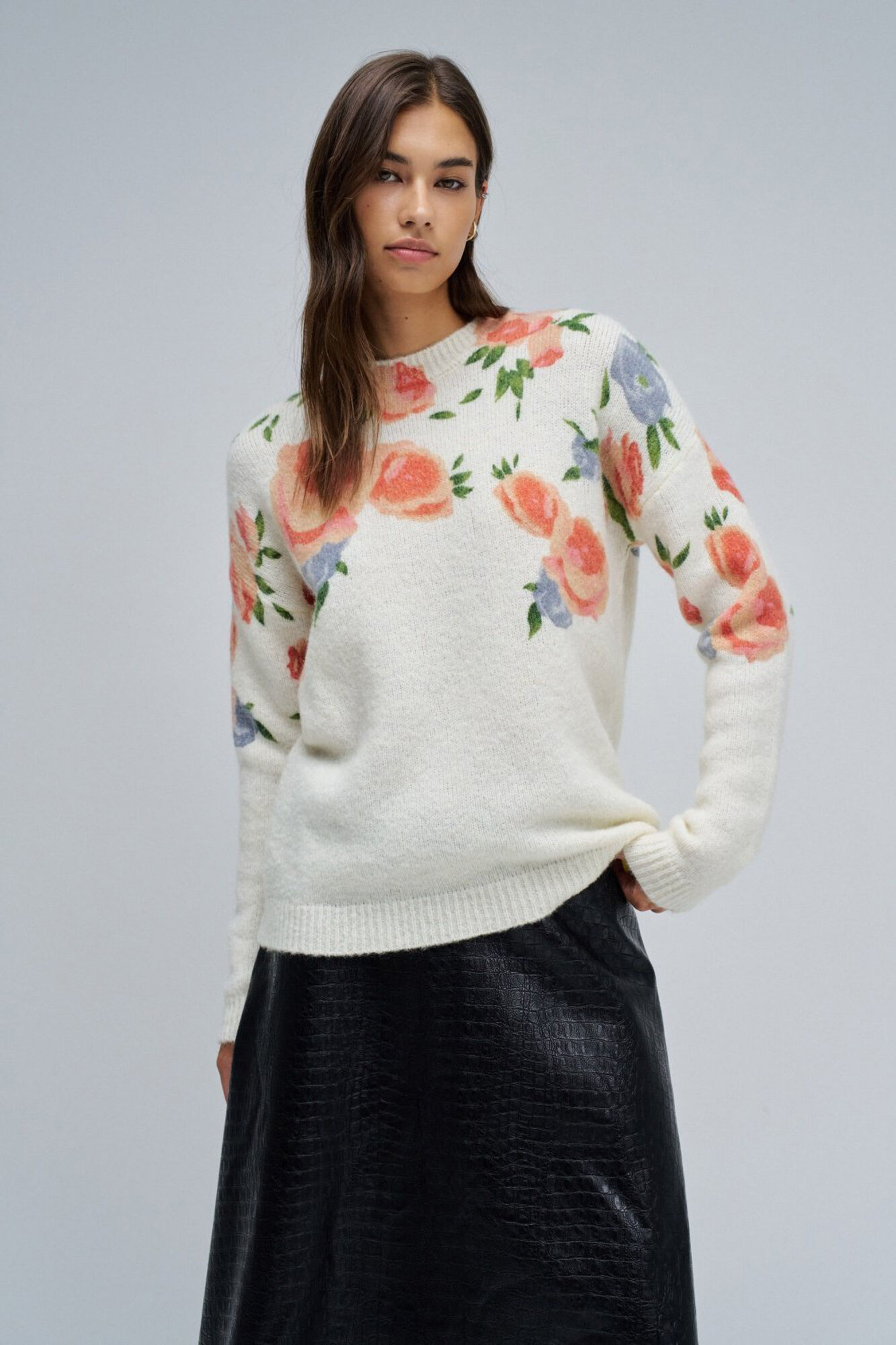 Salsa Jeans Wool and mohair sweatshirt with floral print Ivory