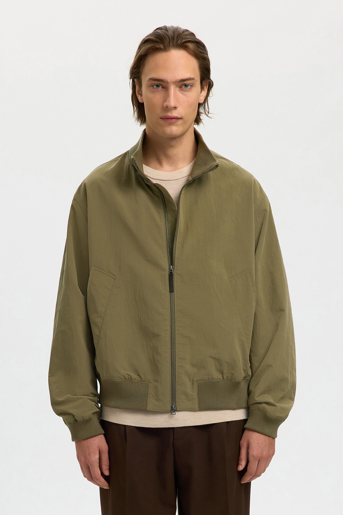Selected Men's plain zip-fastening bomber jacket Dark green