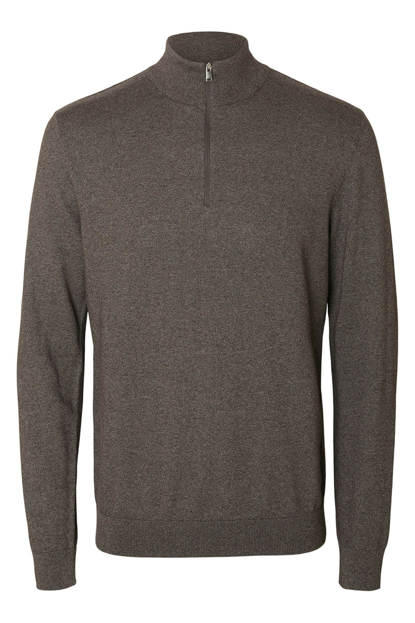 Selected Malha 100% camisola com meia fecho-&eacute;clair . Cinzento