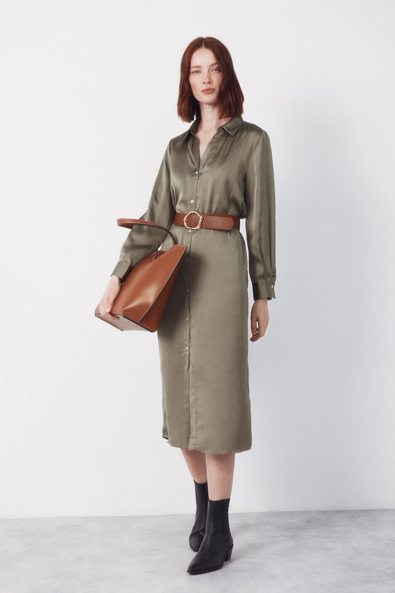 Cortefiel Vestido satinado camisero Kaki