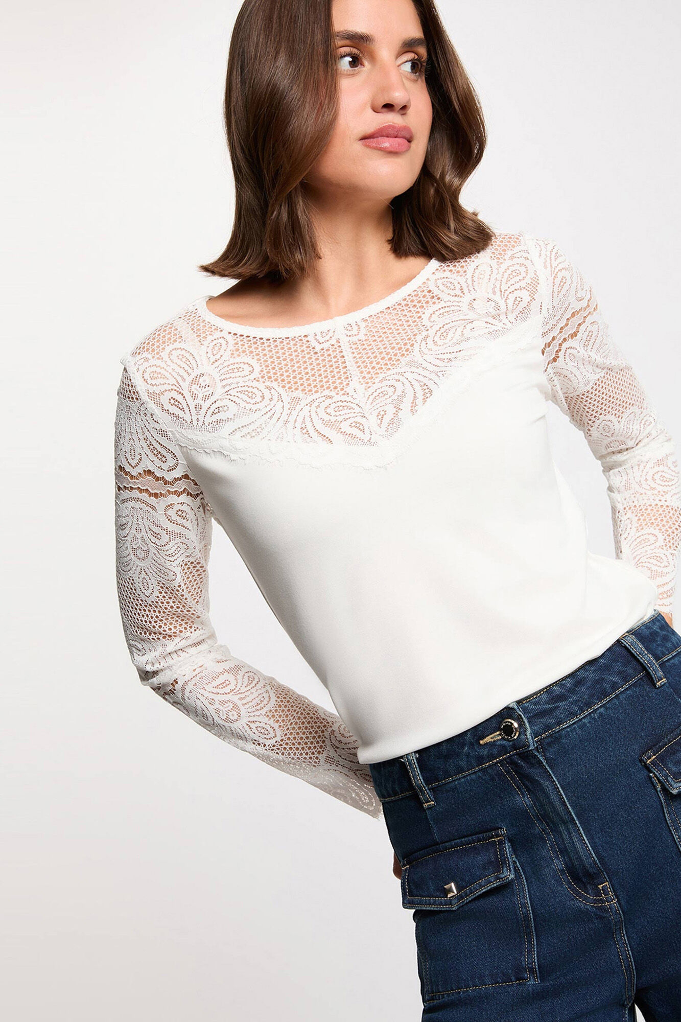 Morgan T-shirt de renda de manga comprida Branco