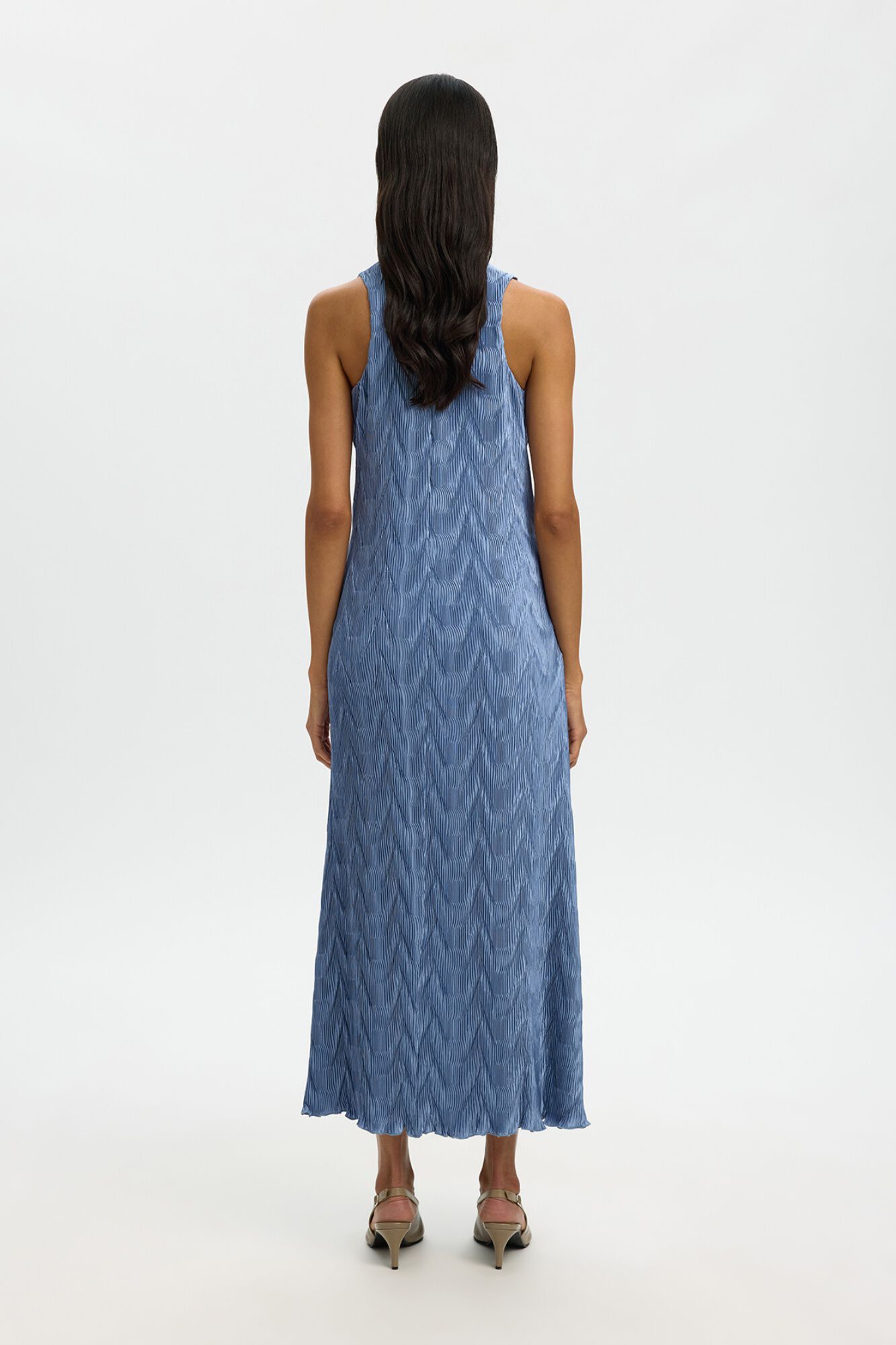 Selected Vestido comprido em tecido plissado Azul