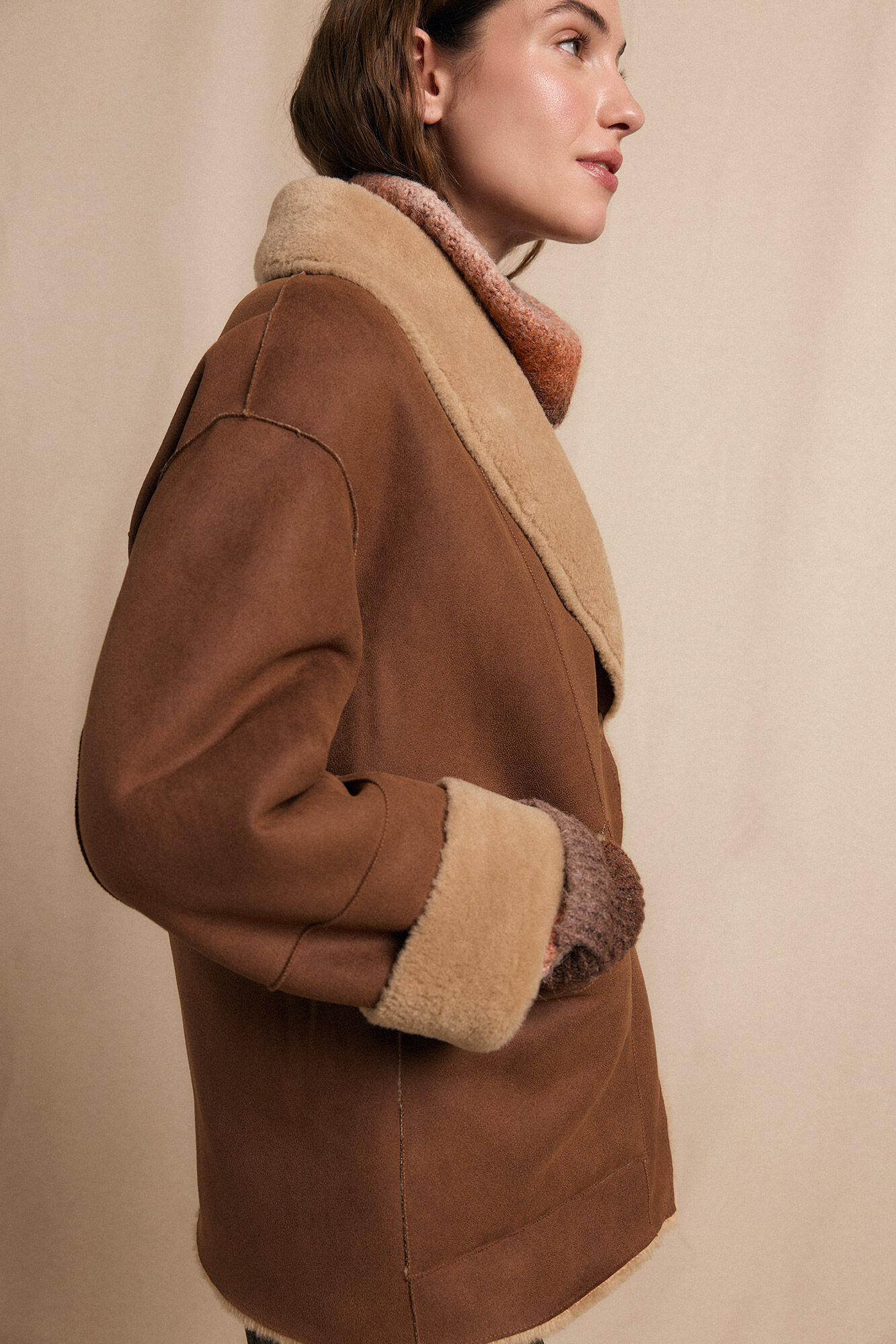 Slowlove Sobretudo curto com efeito dupla face Tostado