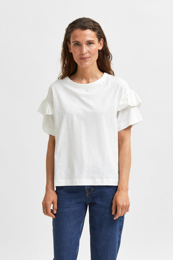 Cortefiel 100% organic cotton short-sleeved ruffle top White