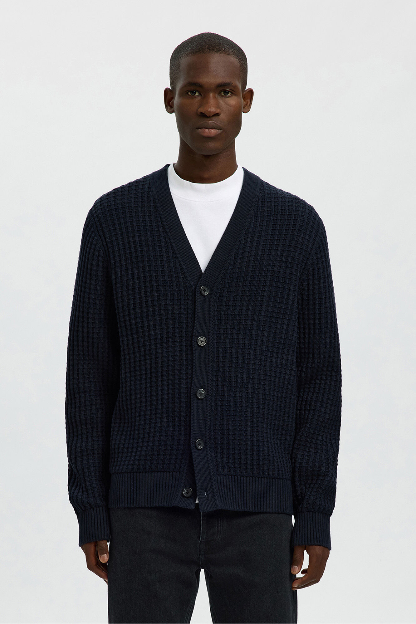 Selected 100% organic cotton V-neck cardigan  Navy