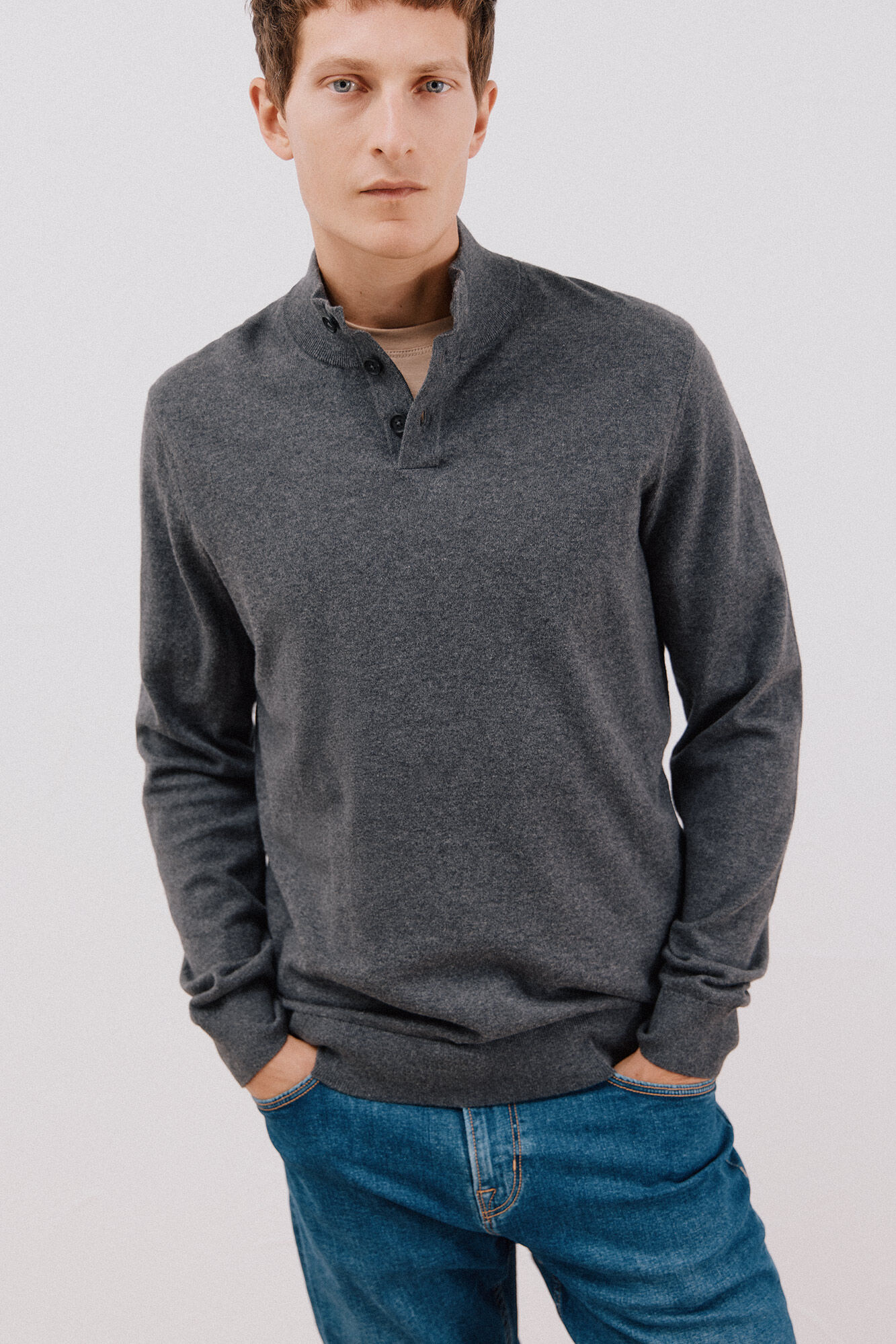 Cortefiel Camisola algod&atilde;o caxemira gola alta Cinzento