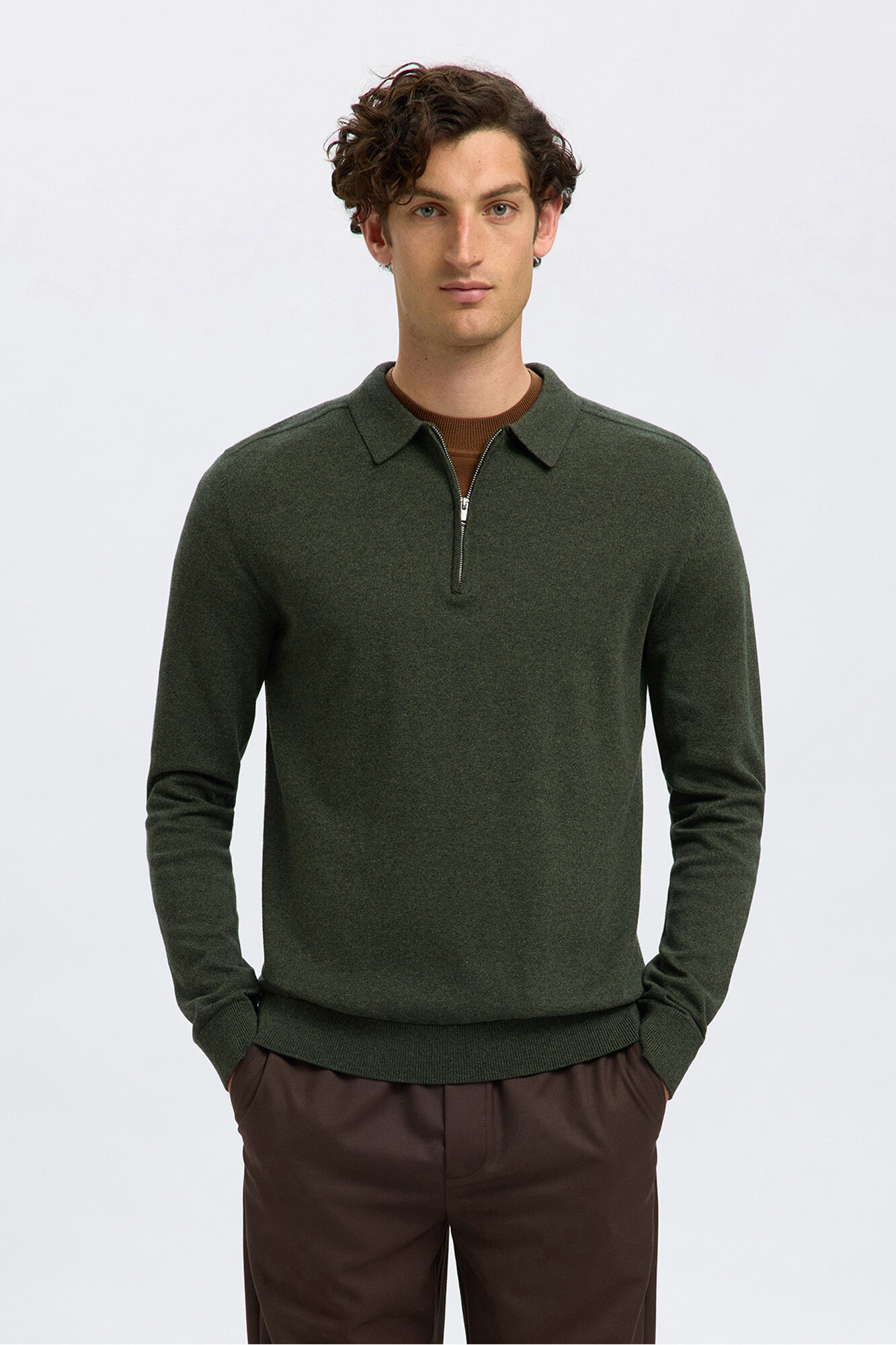 Selected Camisola polo 100% algod&atilde;o com meia fecho-&eacute;clair . Verde