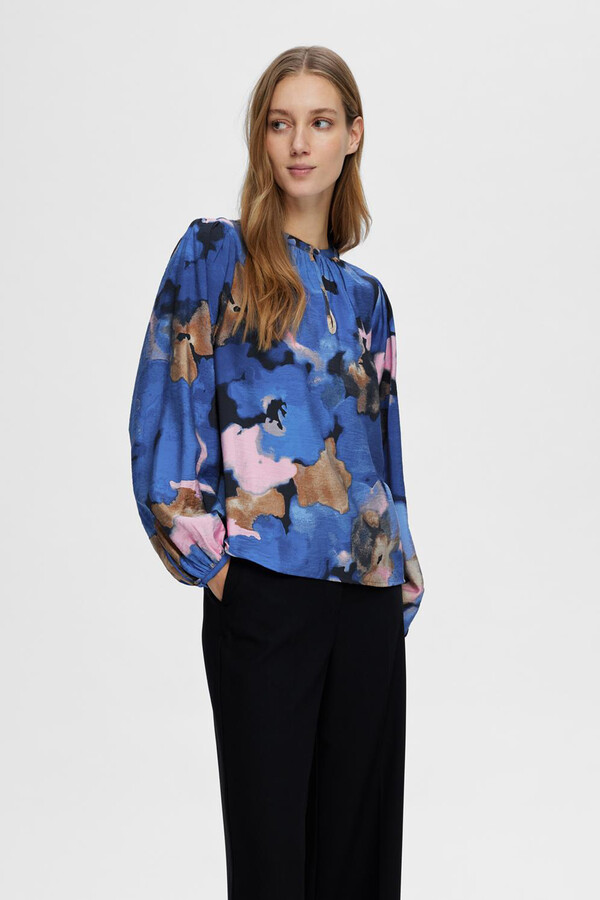 Cortefiel Printed long-sleeved blouse with made with Lenzing Ecovero Blue