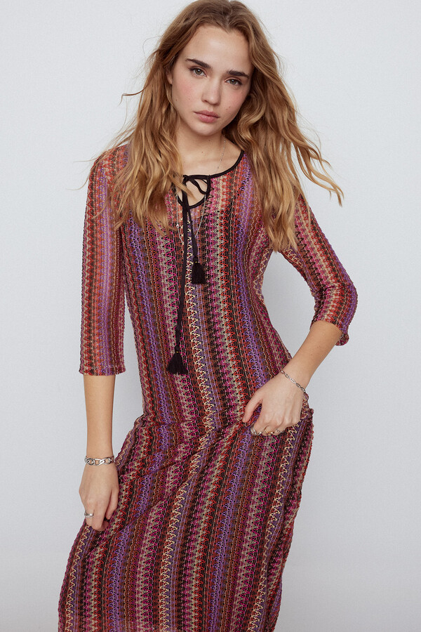 Cortefiel Jersey-knit crochet dress with long sleeves Lilac
