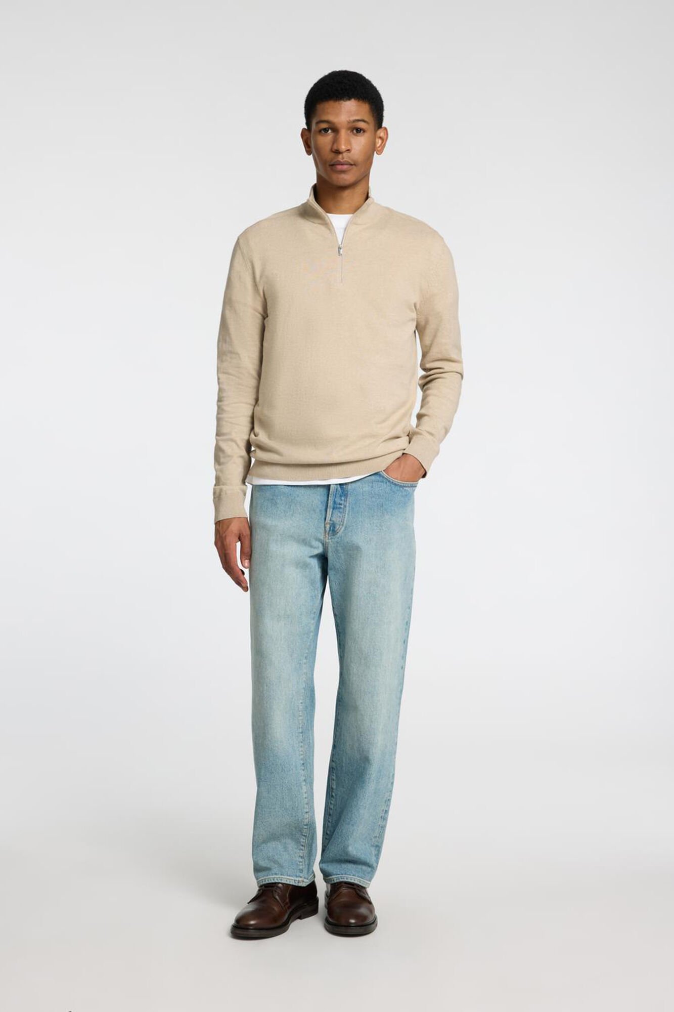 Selected Knitted pullover with half zip 100% cotton Beige