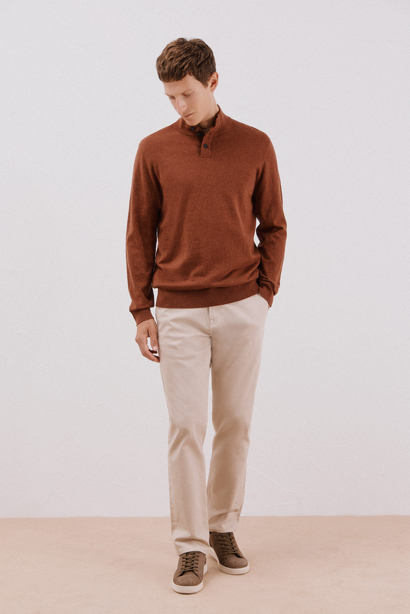Cortefiel Cotton/silk cashmere high neck jumper Brown