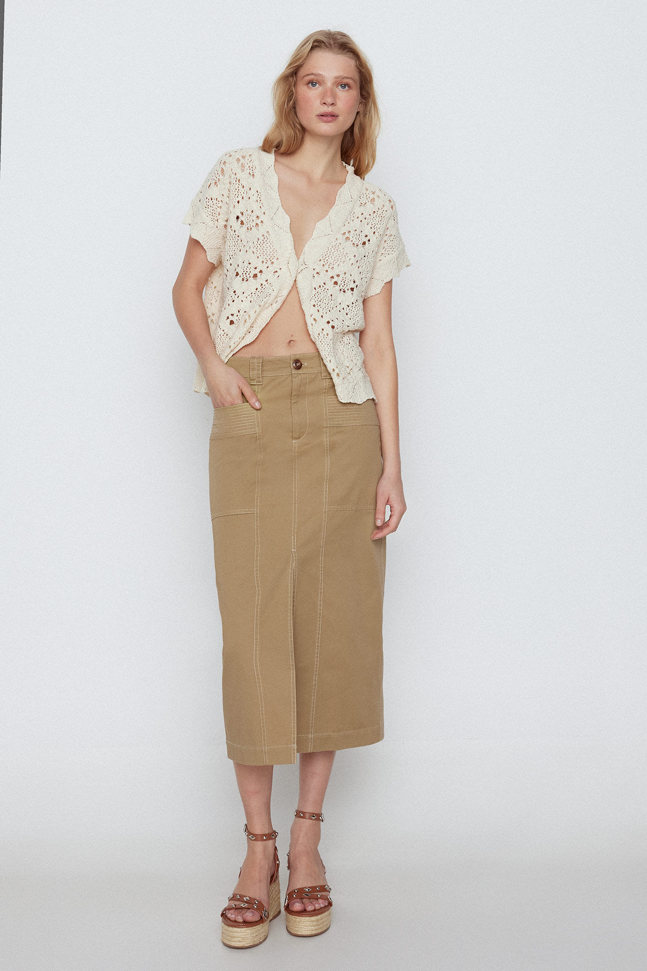 Falda Negra Falda Outfit Con Blusa Color Beige Falda Larga Algodón