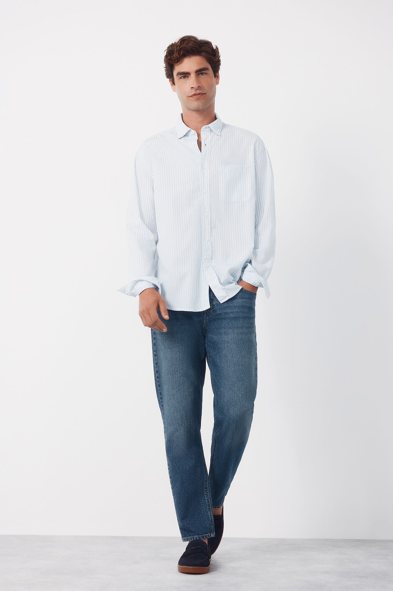 Cortefiel Striped seersucker shirt Blue