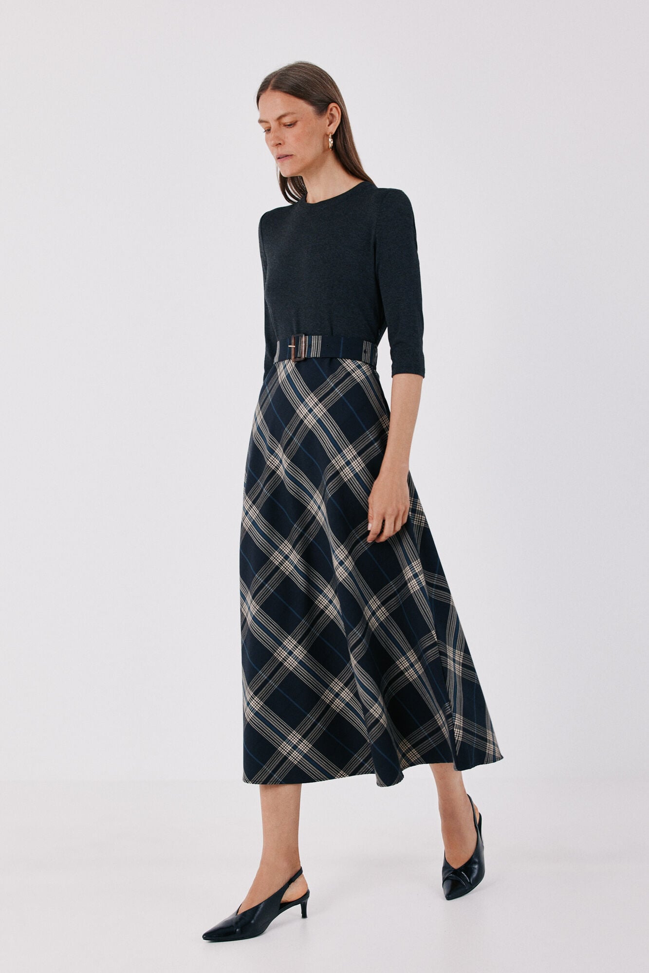 Cortefiel Plaid print ruched dress Grey