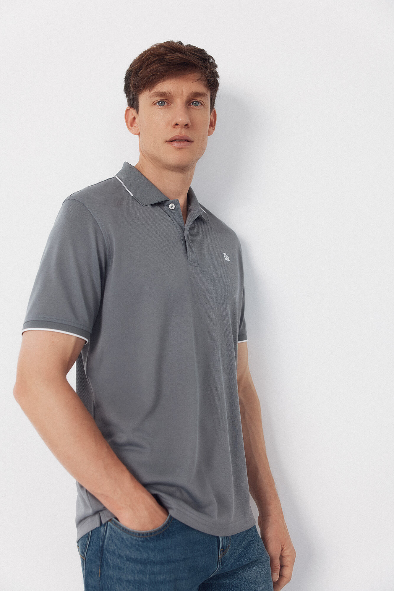 Cortefiel Coolmax&reg; jacquard collar polo shirt Grey