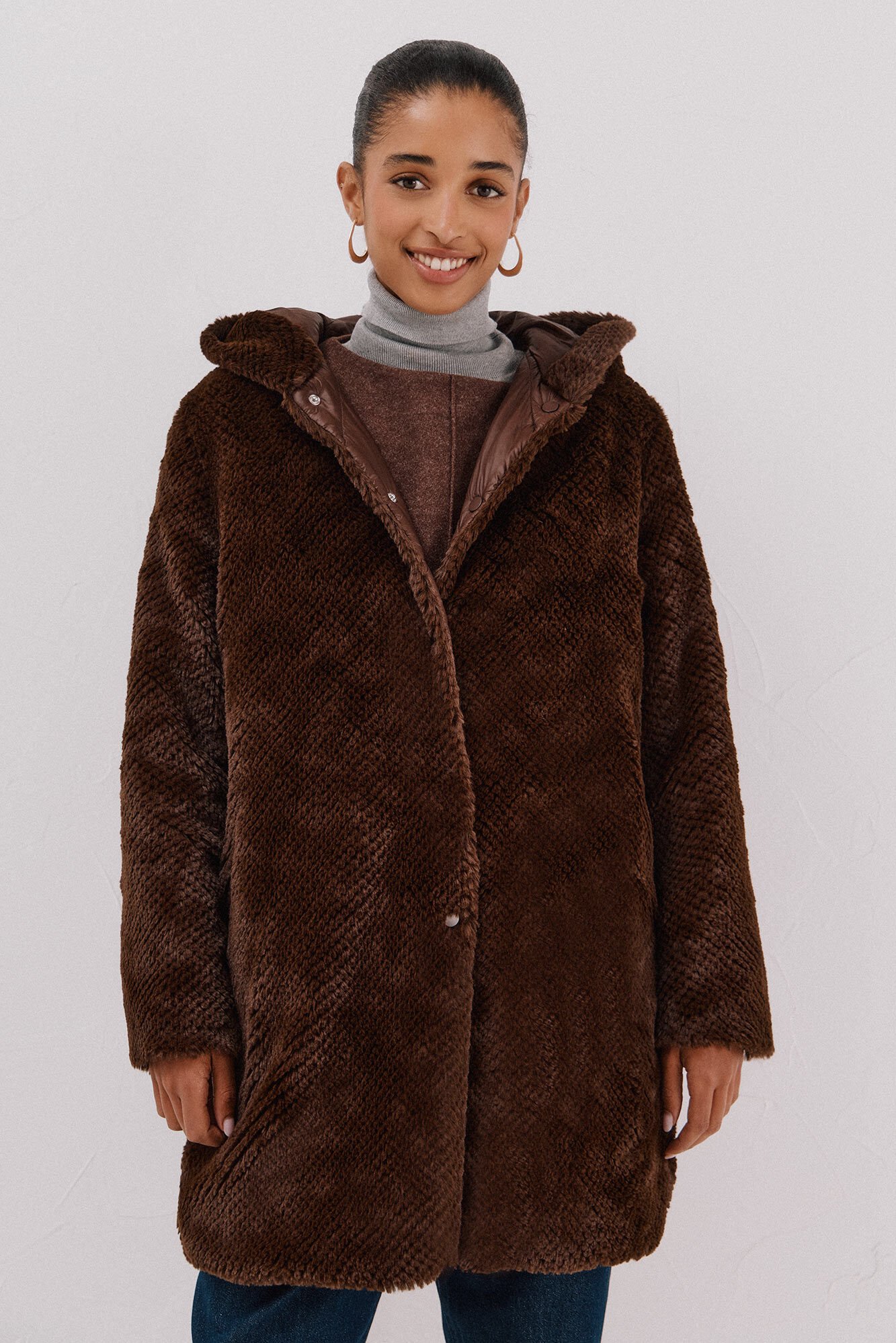 Cortefiel Long reversible faux fur coat Dark brown