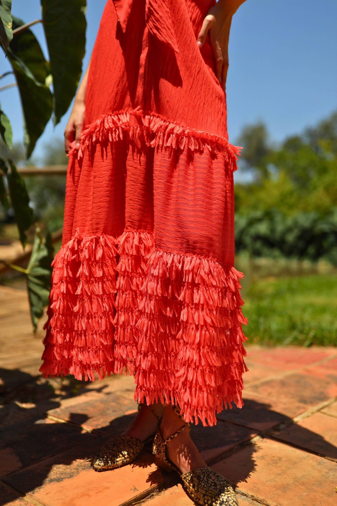 Panambi Vestido de linho vermelho com franjas Vermelho