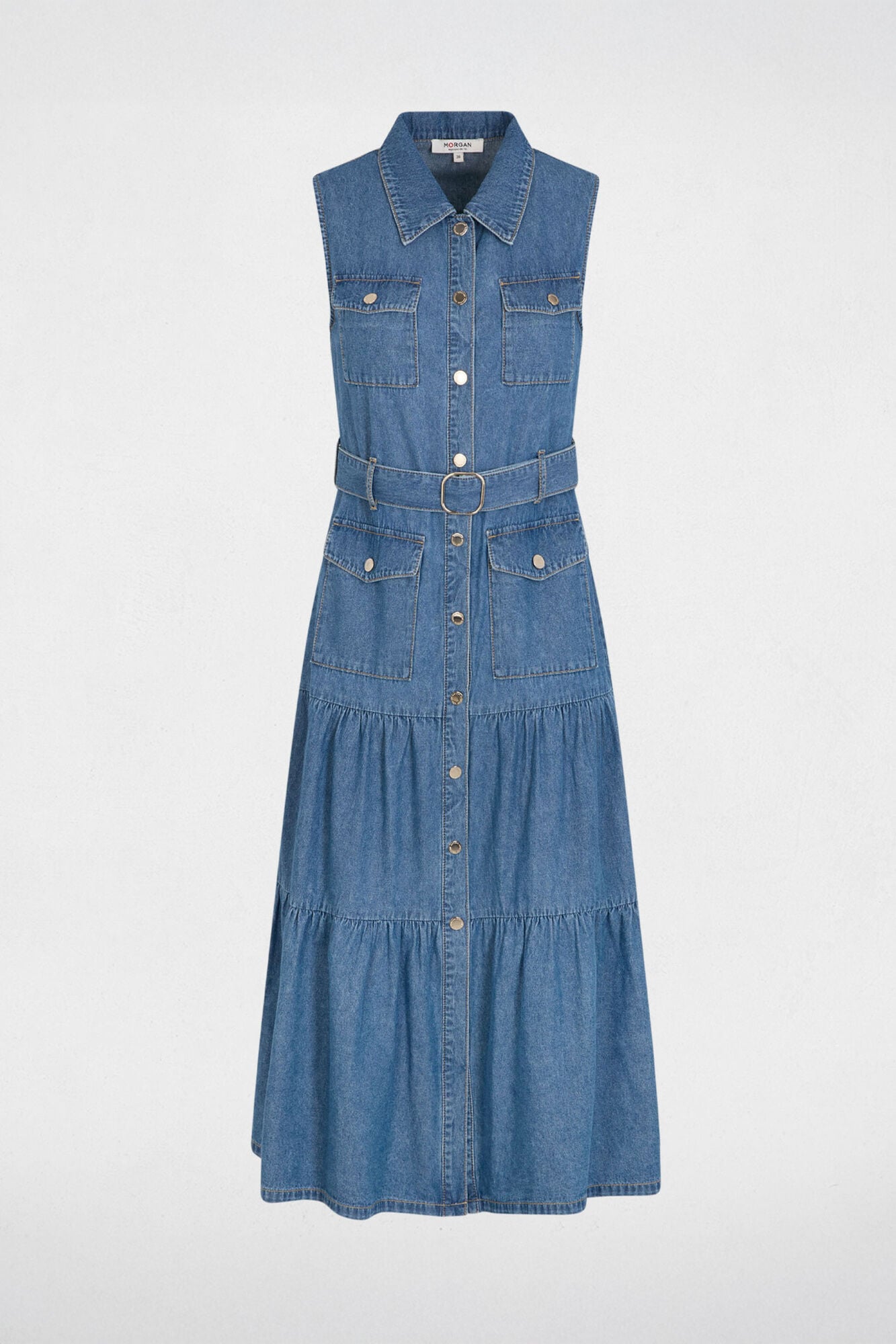Morgan Vestido comprido reto em ganga Azul