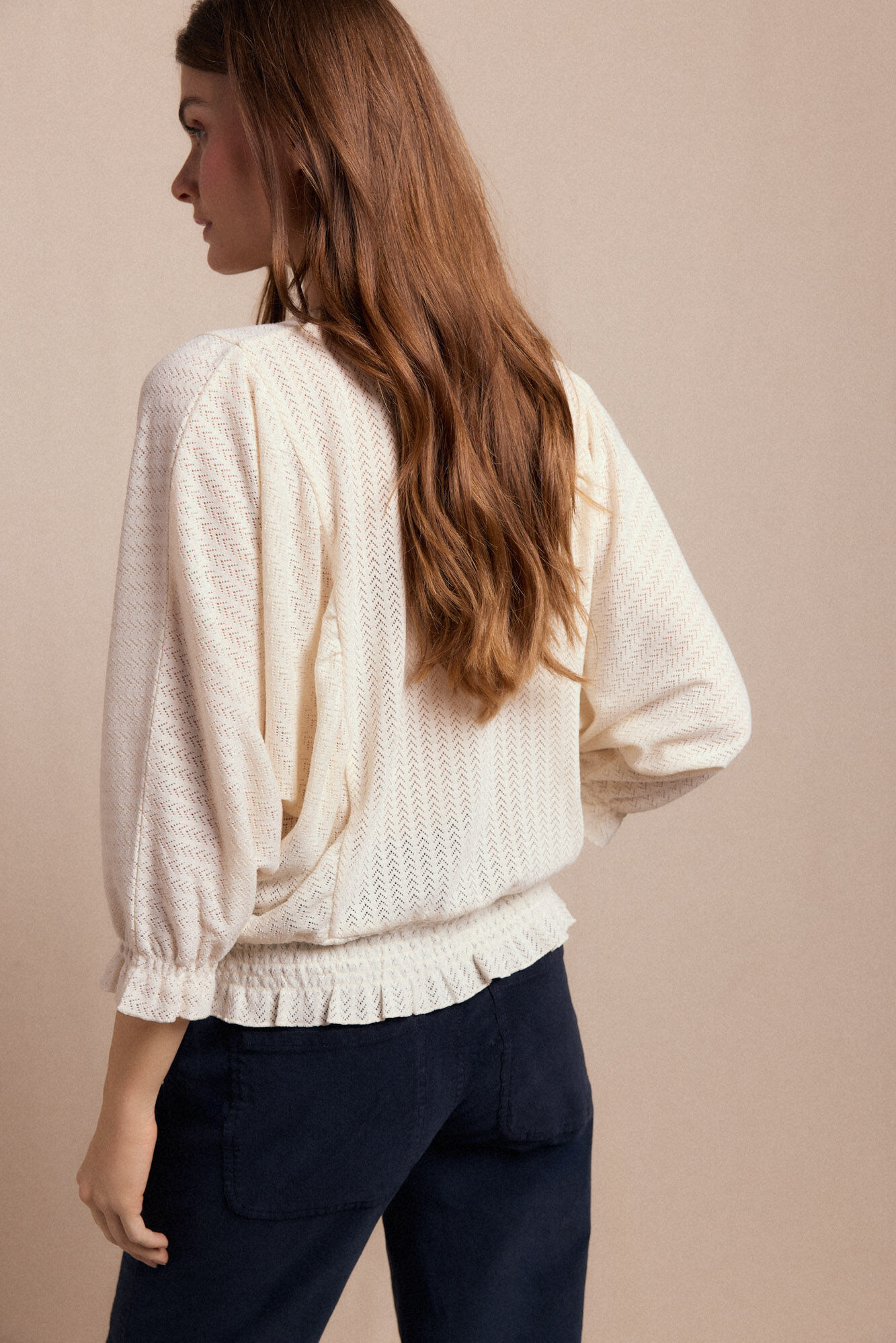 Slowlove Camiseta r&uacute;stica estruturada com manga bal&atilde;o Ecru