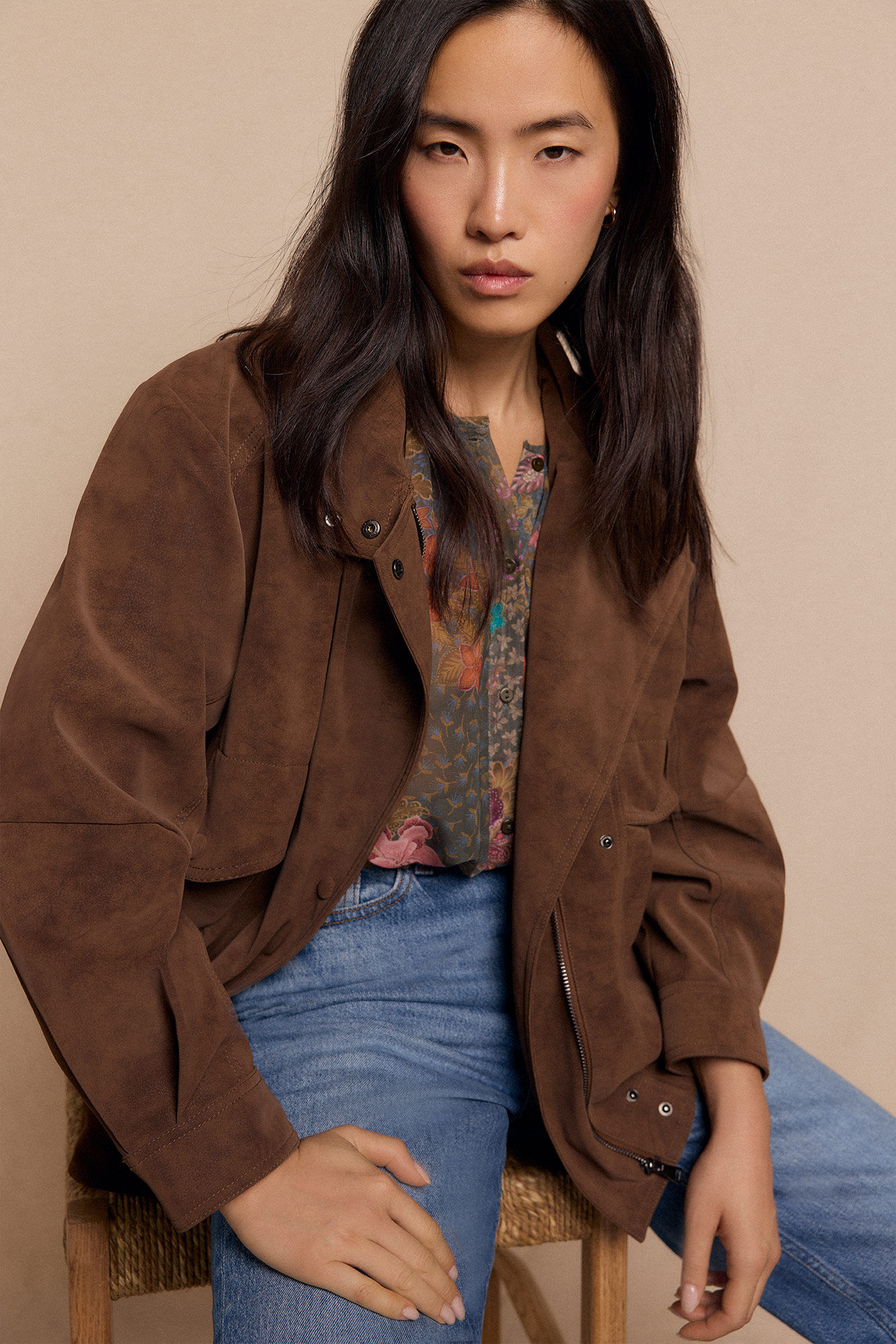 Slowlove Cazadora motera efecto piel Beige