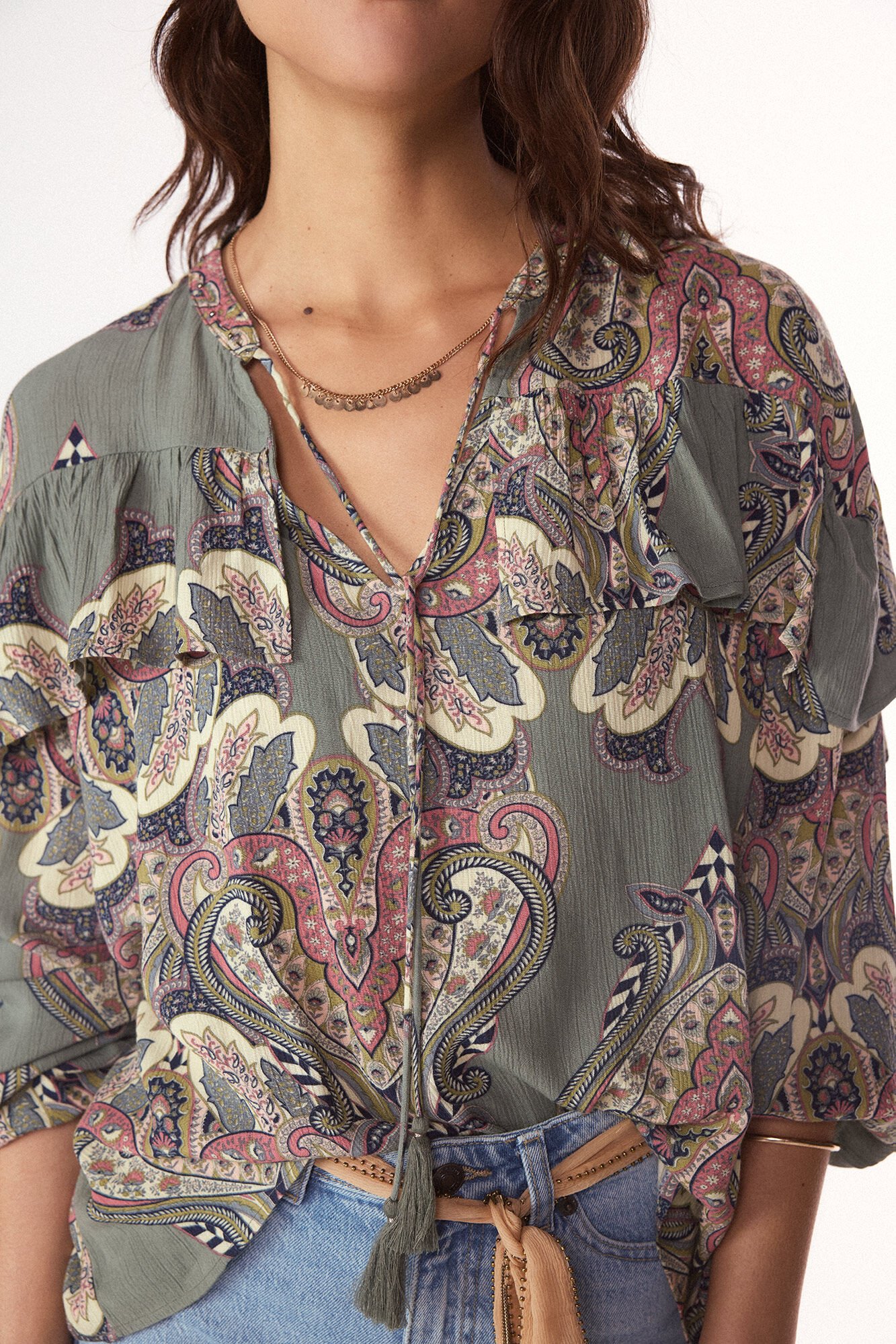 Slowlove Blusa estampada volante Estampado azul