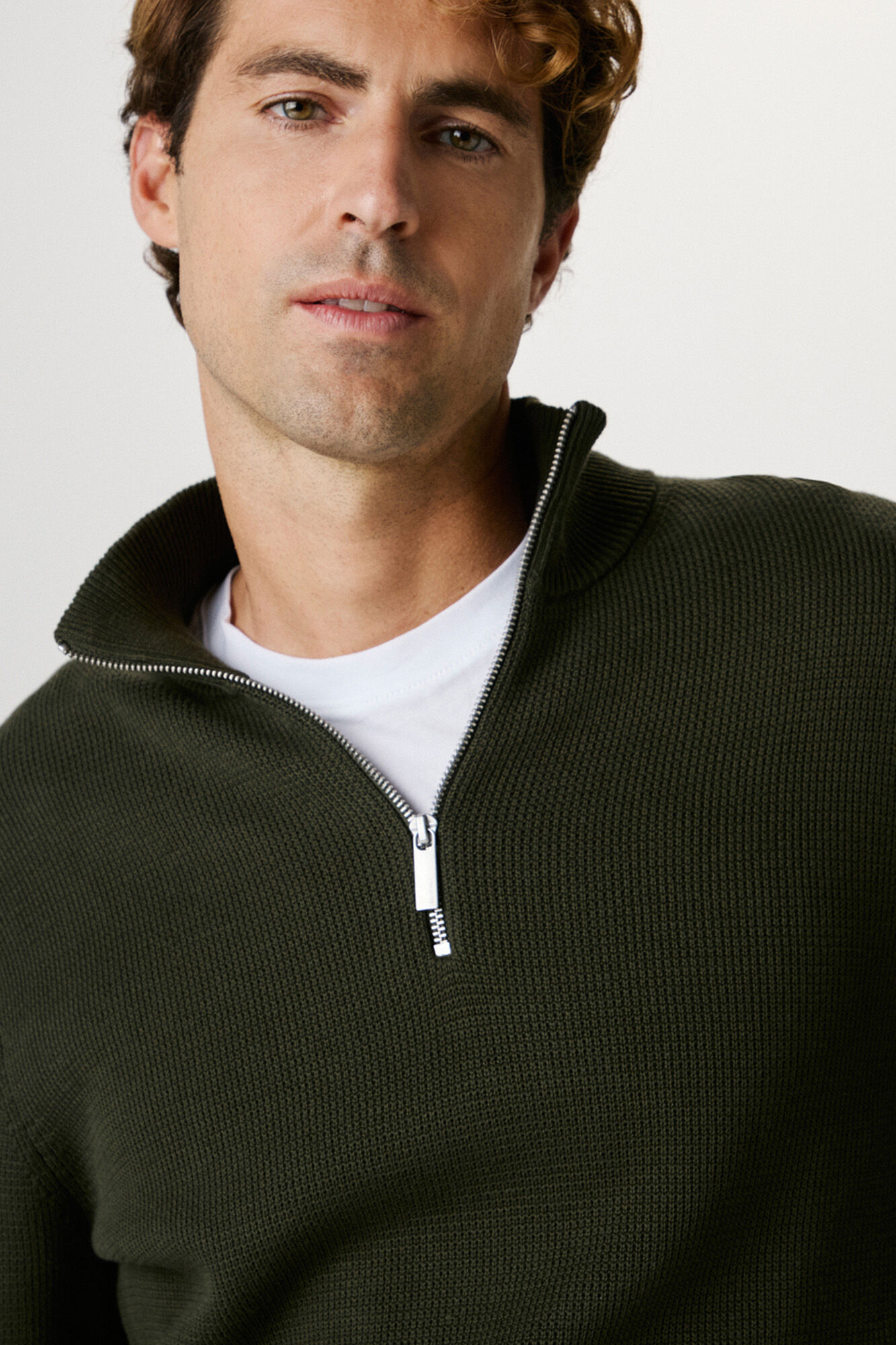 Selected High neck , stockings zip fastening sweater made from 100% organic cotton. Dark green