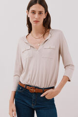 Cortefiel linen effect mandarin collar T-shirt Beige