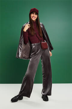 Cortefiel Wide velvet trousers with pleats Grey