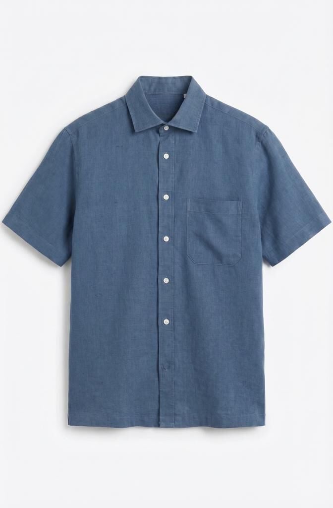 Cortefiel Camisa algod&oacute;n lino lisa manga corta Azul marino