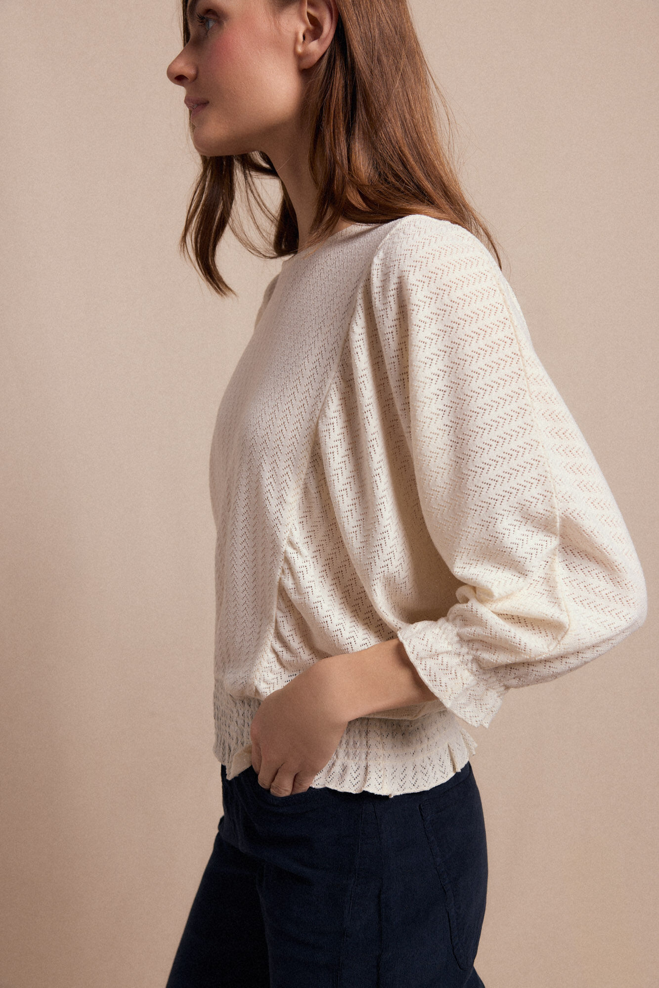 Slowlove Camiseta r&uacute;stica estruturada com manga bal&atilde;o Ecru