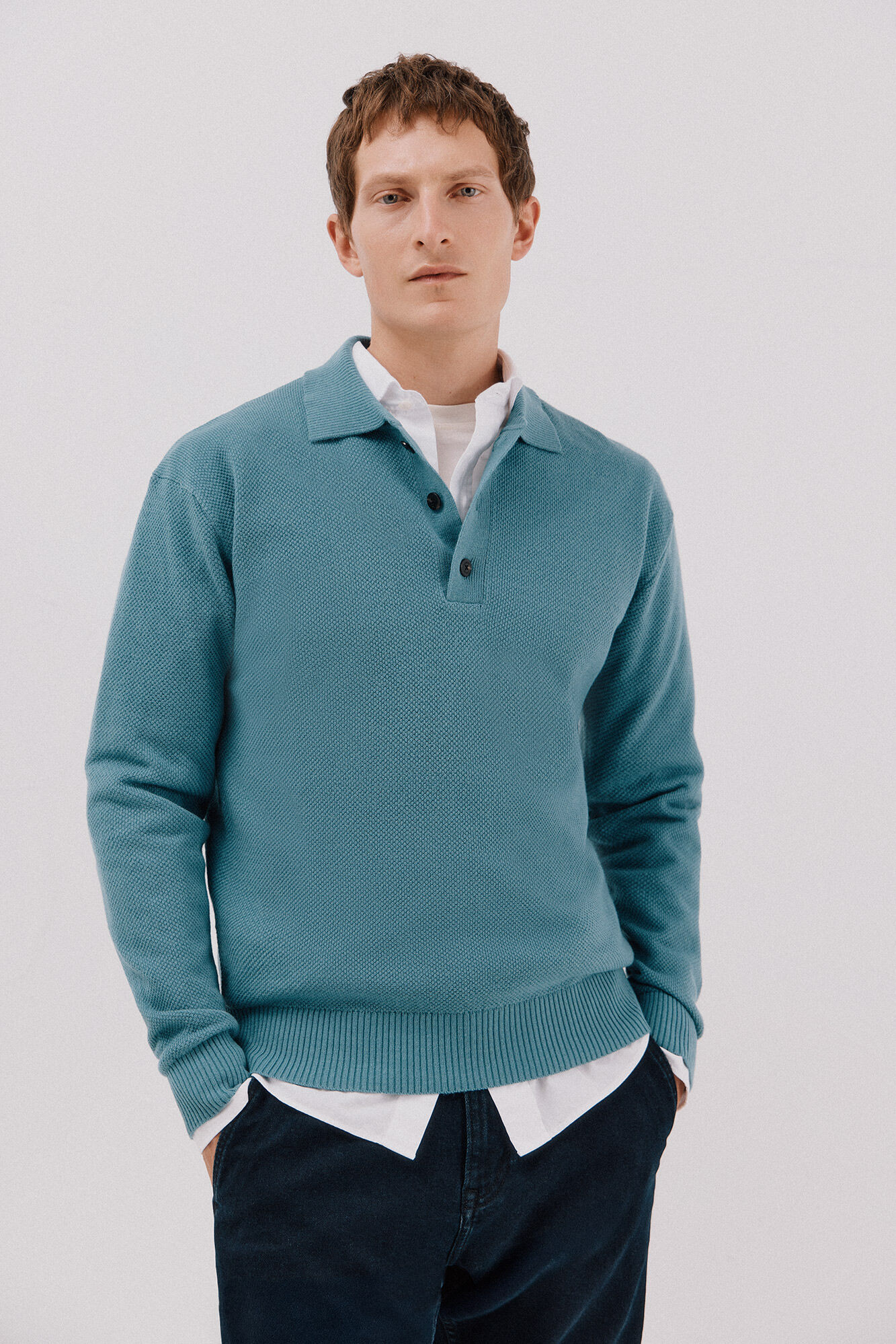 Cortefiel Jersey estructura lana cuello polo botones